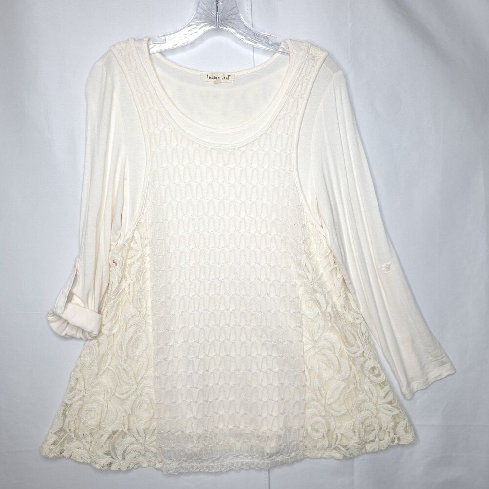 Indigo Soul Lace Top Womens S White Cottagecore Bohemian Roll Tab Sleeve Fairy